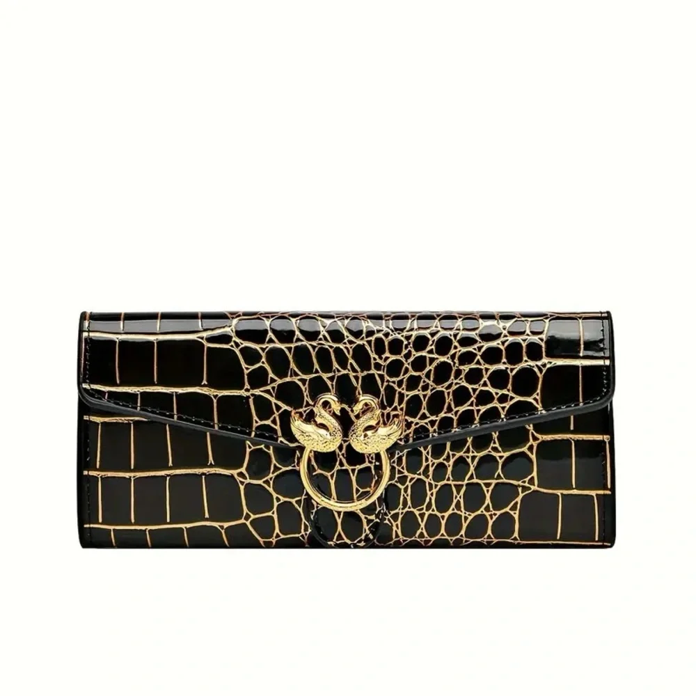 Vintage Alligator-Textured Wallet – Black Glossy Clutch for Women with Gold Swan - Picture 2 of 7